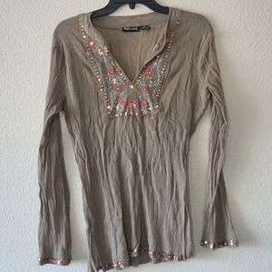 Vintage Wet Seal Top Beaded Sequins Shear Brown Medium Y2K Boho Fairycore Whimsy